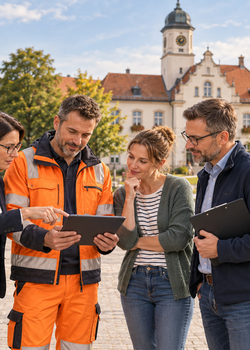 Kommunales Team bespricht Arbeitsschutzaufgaben an einem Tablet, im Hintergrund Rathaus, Bauhof und Kita.