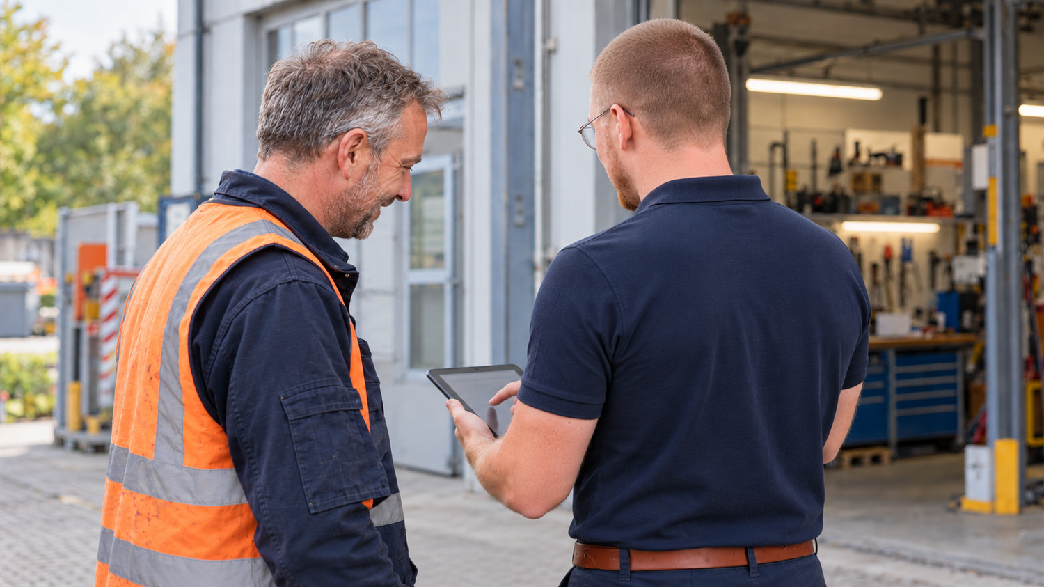 Eine Sicherheitsfachkraft die einem Bauhofmitarbeiter offene Punkte im SafetyPlanner auf einem Tablet zeigt.