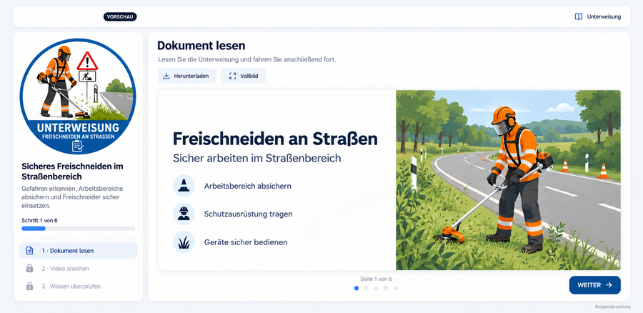 Wie im SafetyPlanner eine Unterweisung für das Freischneiden an Straße Online abgebildet ist