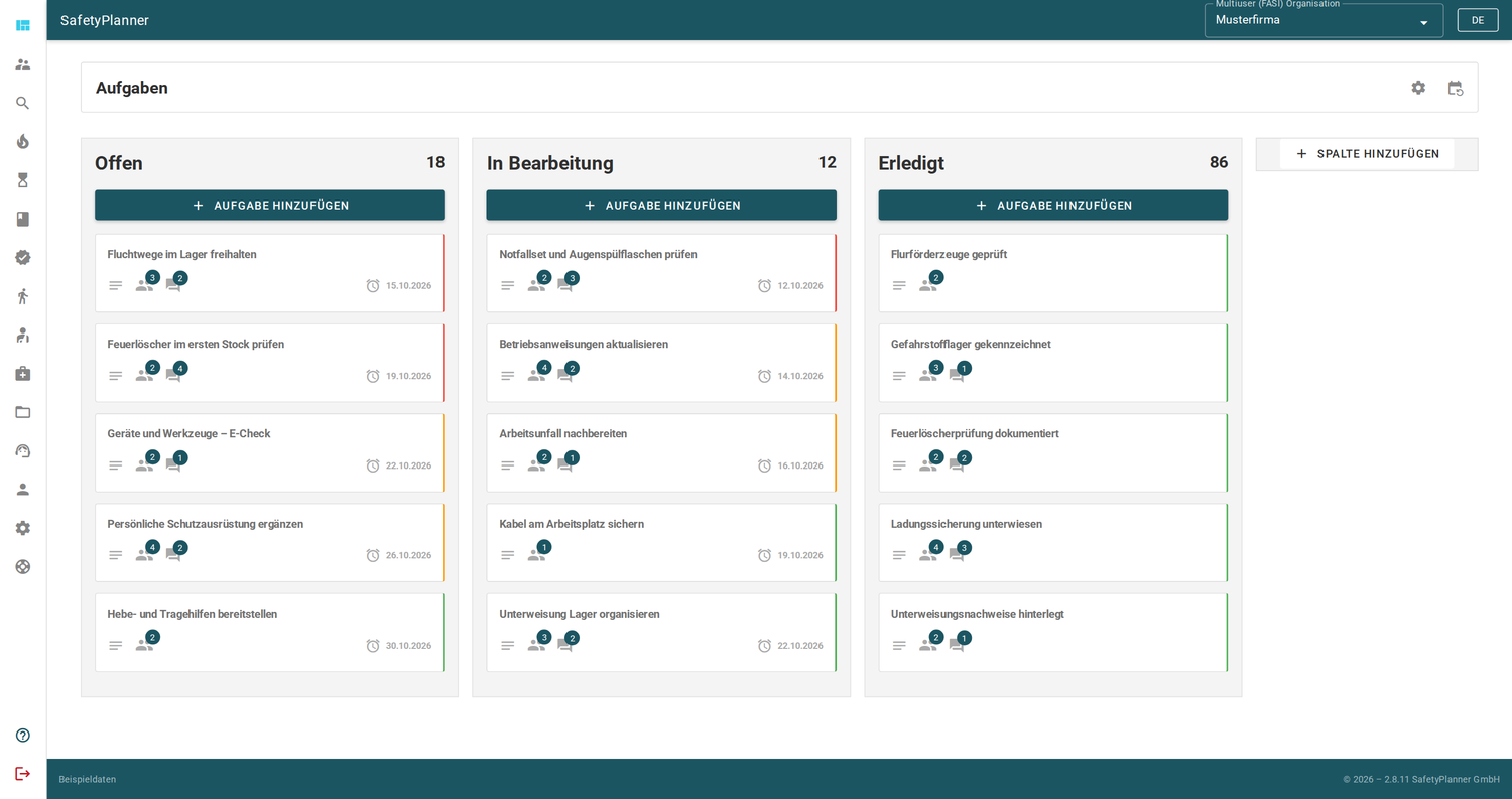 Aufgabenverwaltung in SafetyPlanner mit offenen, laufenden und erledigten Arbeitsschutzaufgaben im Kanban-Board.