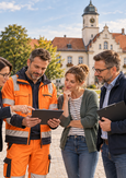 Kommunales Team bespricht Arbeitsschutzaufgaben an einem Tablet, im Hintergrund Rathaus, Bauhof und Kita.