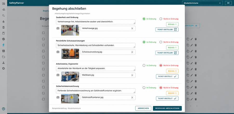 Eine Darstellung wie im SafetyPlanner Begehungen durchgeführt werden. Hier sieht man verschiedene Begehungspunkte die man abhaken kann.