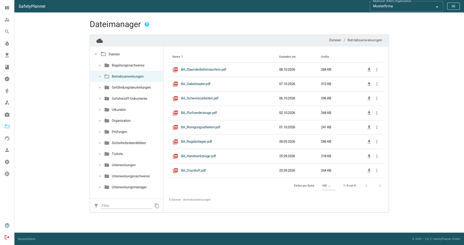 Dateimanager in SafetyPlanner mit Ordnerstruktur und zentral abgelegten Arbeitsschutzdokumenten.