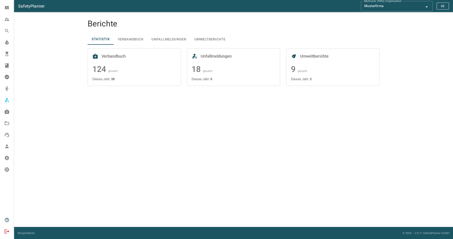 Berichtsübersicht in SafetyPlanner mit Kennzahlen zu Unterweisungen, Gefährdungsbeurteilungen und Begehungen.