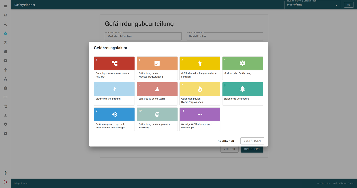Auswahl verschiedener Gefährdungskategorien zur Erstellung einer Gefährdungsbeurteilung in SafetyPlanner.