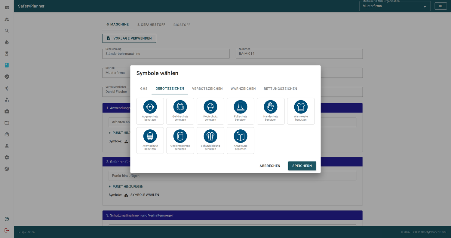 Auswahl von Gebotszeichen für Betriebsanweisungen in SafetyPlanner, darunter Augen-, Gehör-, Kopf- und Handschutz.