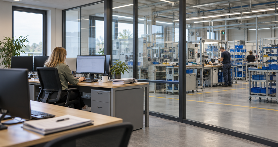 Eine Ansicht wie der SafetyPlanner im Büro verwendet wird mit Blick auf die Produktion
